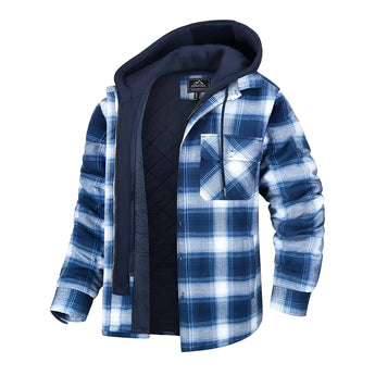 Men's insulated winter coat featuring a red flannel hooded design with tartan plaid pattern, displayed in a light blue and white color, available in size 4XL.