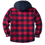 Men's red flannel hooded jacket with a plaid pattern, featuring long sleeves and an insulated design suitable for winter.