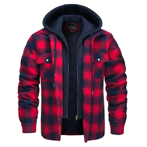 Men's red flannel hooded jacket with an insulated design, featuring a tartan pattern and sleeves, suitable for winter wear.