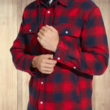 Men's red flannel hooded jacket featuring a plaid pattern with insulated material, long sleeves, and a waist-length design.