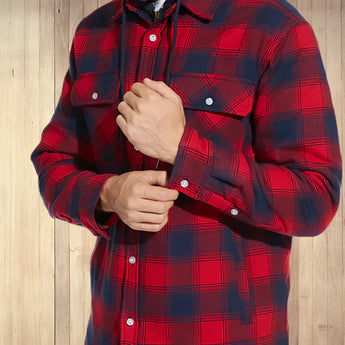 Men's red flannel hooded jacket featuring a plaid pattern with insulated material, long sleeves, and a waist-length design.