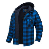 Men's insulated winter coat featuring a red flannel design with tartan pattern, hood, and long sleeves, shown in Black Blue color variant, size 4XL.