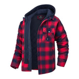 Men's insulated winter coat in red flannel with a tartan pattern, featuring a hood and long sleeves, size 4XL.