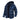 Men's insulated winter coat in dark blue and black with a red flannel hood, featuring a plaid pattern, long sleeves, and a collared neckline.