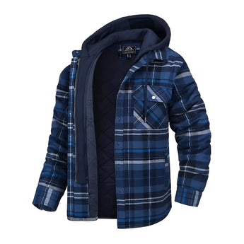 Men's insulated winter coat in dark blue and black with a red flannel hood, featuring a plaid pattern, long sleeves, and a collared neckline.