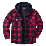 Men's red flannel hooded jacket with a tartan pattern, featuring a grey insulated lining, collar, sleeves, and designed for winter wear.