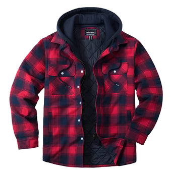 Men's red flannel hooded jacket with a tartan pattern, featuring a grey insulated lining, collar, sleeves, and designed for winter wear.