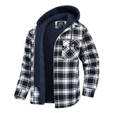 Men's insulated winter coat in a red flannel design with black and white tartan pattern, featuring long sleeves, a collar, and a hood, available in size 4XL.