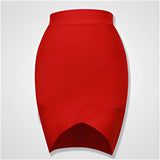 
A red high-waisted bodycon pencil skirt designed for formal evening wear, showcasing a sleek and elegant silhouette in a rich magenta shade.