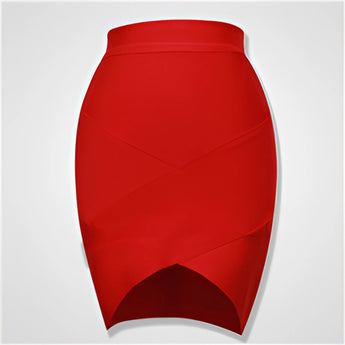 
A red high-waisted bodycon pencil skirt designed for formal evening wear, showcasing a sleek and elegant silhouette in a rich magenta shade.