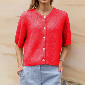 Red linen blouse for women with a V-neck and short sleeves, shown in XL size.