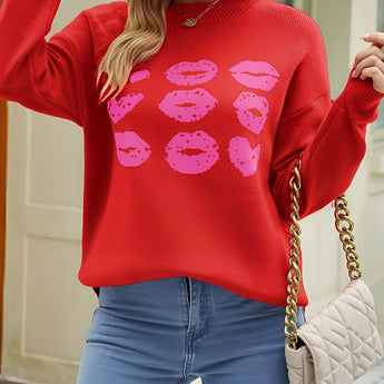 Black sweater featuring a chic and playful red lip print design, shown in Style 3 and XL size. The pullover has a casual fit with long sleeves and a crew neckline, offering a fashionable look.