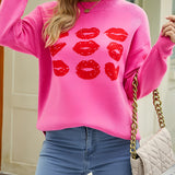 Chic black sweater featuring a bold red lip print, styled in a pullover design with long sleeves and a comfortable fit.