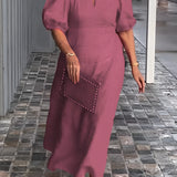Red maxi dress with puff sleeves and square neck featuring studded pockets, shown in the Viola color variant, size 5XL.