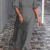 Gray 5XL maxi dress with puff sleeves, square neck, and studded pockets, featuring a fitted waist and elegant one-piece design.