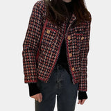 Red and navy fringed women's tweed jacket showcasing a chic designer style with a tailored fit, featuring a structured collar, long sleeves, and a form-flattering silhouette.