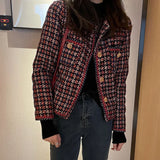 Red and navy women's fringed tweed jacket with a chic designer style, featuring a tailored blazer design, long sleeves, and a classic collar, available in XL size.