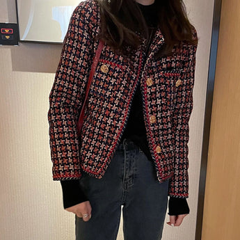 Red and navy women's fringed tweed jacket with a chic designer style, featuring a tailored blazer design, long sleeves, and a classic collar, available in XL size.