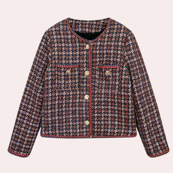 Red and navy fringed women's tweed jacket featuring a chic designer style, with long sleeves, a stylish collar, and detailed patterning in shades of magenta and electric blue.