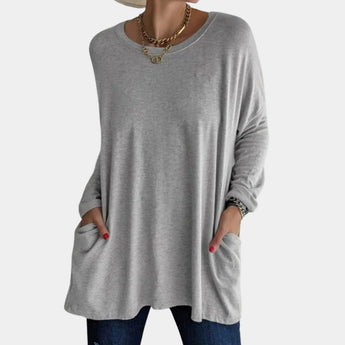 Gray oversized tunic sweater for women with long sleeves and pockets, perfect for fall fashion.