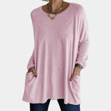 Red oversized tunic sweater with pockets for women, featuring a relaxed fit and long sleeves, in a rose color, size 3XL, perfect for fall fashion.