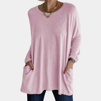 Red oversized tunic sweater with pockets for women, featuring a relaxed fit and long sleeves, in a rose color, size 3XL, perfect for fall fashion.