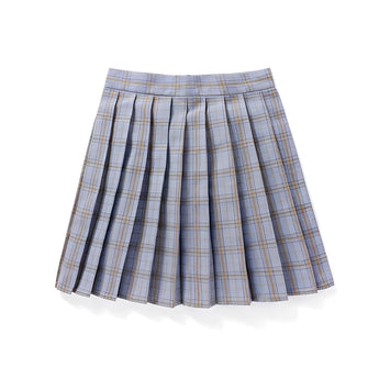 Plaid pleated tartan skirt in a purple color, designed in a preppy schoolgirl mini kilt style.