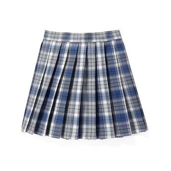 Red plaid pleated tartan skirt with a preppy schoolgirl style, featuring a mini kilt design.