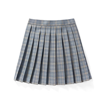 Red plaid pleated tartan skirt with a preppy schoolgirl style, featuring a mini kilt design with prominent pleats and a classic tartan pattern.