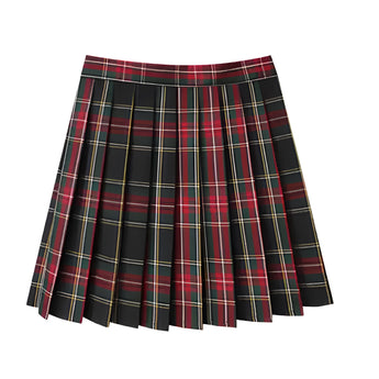 Plaid pleated tartan skirt in red, styled with a preppy schoolgirl mini kilt design.