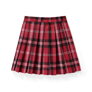 Red plaid pleated tartan skirt with a classic schoolgirl style and mini kilt length, featuring a vibrant pattern and fitted waist.