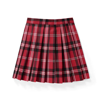 Red plaid pleated tartan skirt with a classic schoolgirl style and mini kilt length, featuring a vibrant pattern and fitted waist.