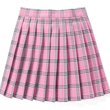 Red plaid pleated tartan skirt with a preppy schoolgirl style, featuring a mini kilt design with shades of magenta and a traditional plaid pattern.