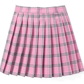 Red plaid pleated tartan skirt with a preppy schoolgirl style, featuring a mini kilt design with shades of magenta and a traditional plaid pattern.