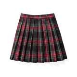 
A dark red plaid pleated tartan skirt with a preppy schoolgirl style, suitable for a mini kilt look, displayed on a human body.