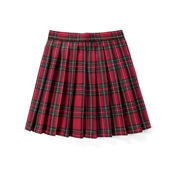 Red plaid pleated tartan mini skirt with a classic schoolgirl style, featuring a preppy kilt design and vibrant pattern.