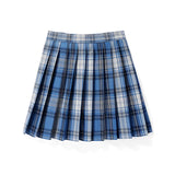 A blue 4XL plaid pleated tartan skirt in a preppy schoolgirl style, featuring a classic mini kilt design.