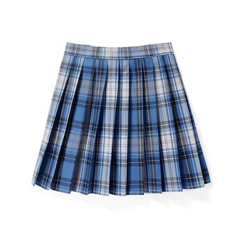 A blue 4XL plaid pleated tartan skirt in a preppy schoolgirl style, featuring a classic mini kilt design.