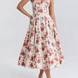 Red Rose Print Vintage Fit & Flare Dress in a garden party style featuring a red floral pattern, short sleeves, and a fitted waist, shown in size XL.