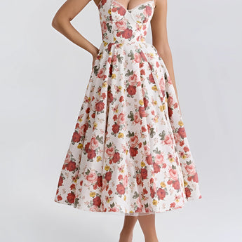 Red Rose Print Vintage Fit & Flare Dress in a garden party style featuring a red floral pattern, short sleeves, and a fitted waist, shown in size XL.
