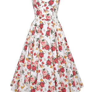 Vintage fit and flare dress with a red rose print, featuring a garden party style. The dress has short sleeves and a defined waist, showcasing a floral pattern suitable for daytime or formal occasions.