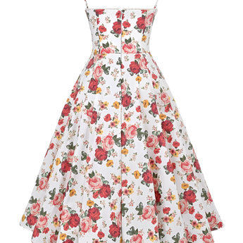 Red vintage fit and flare dress with a rose print, featuring a sleeveless design and a round neckline, suitable for garden parties.
