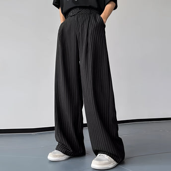 Red striped palazzo pants featuring a high waist and wide leg design, shown in a full-length view.