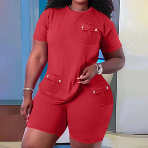 Red short sleeve utility romper dress in plus size 3XL, featuring a chic streetwear style with a focus on the neck, collar, and waist details.