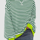 Red and white striped long sleeve crew neck blouse with button cuffs in an XL size, featuring a stylish design and contrasting colors.