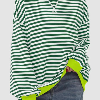 Red and white striped long sleeve crew neck blouse with button cuffs in an XL size, featuring a stylish design and contrasting colors.