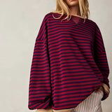 Red and white striped long sleeve crew neck blouse with button cuffs, shown in a red wine color and XL size.
