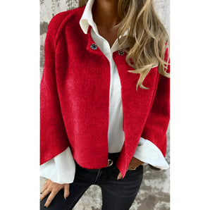 Red wool jacket with high collar and silver buttons, designed as stylish winter wear in size 3XL, featuring long sleeves and a tailored fit.