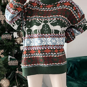 Reindeer Christmas Sweater - Women's Cozy Green Nordic Knit