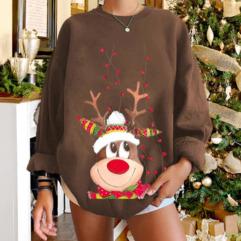 Brown Reindeer Red Nose Christmas Sweatshirt for Women in 2XL, featuring a festive design suitable for holiday apparel with elements like sleeves, a collar, and a Christmas ornament motif.